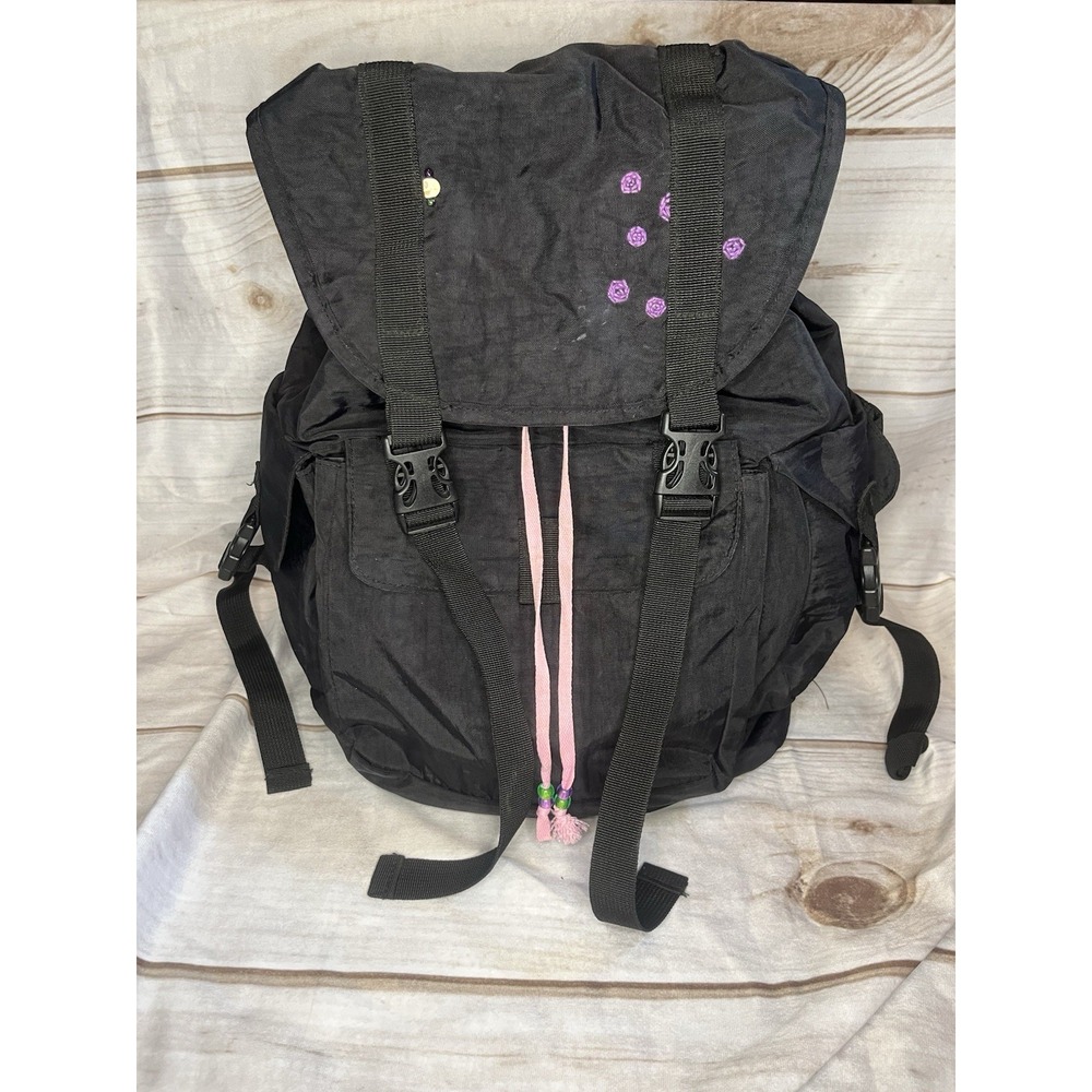 Urban Outfitters Backpack Black Boho Pockets Padded Snap Closure Embroidered
